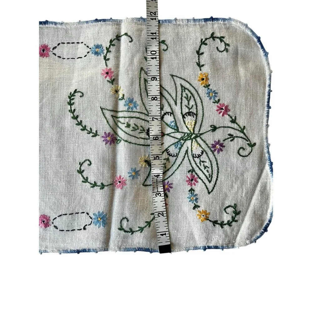 Vintage Hand-Embroidered Floral Table Runner Blue Crocheted Lace Edge 32